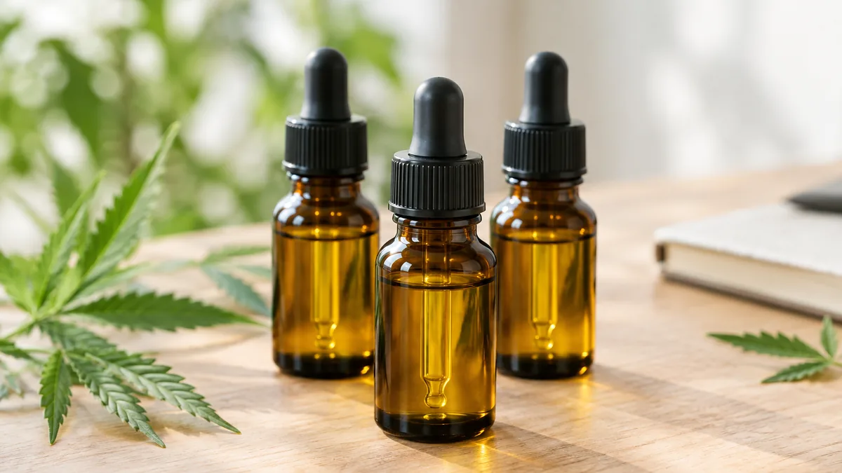 Drie amberkleurige CBD-flesjes met zwarte dop en goudgele olie naast elkaar op een houten tafel, één flesje vooraan