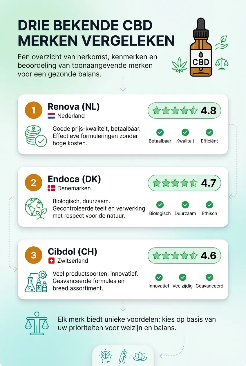 Infographic met vergelijking van Renova, Endoca en Cibdol: herkomst, kenmerken en beoordelingen