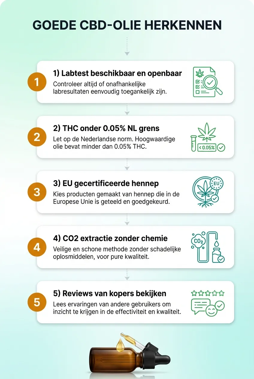 Infographic met 5 punten om goede CBD olie te herkennen voor je koopt
