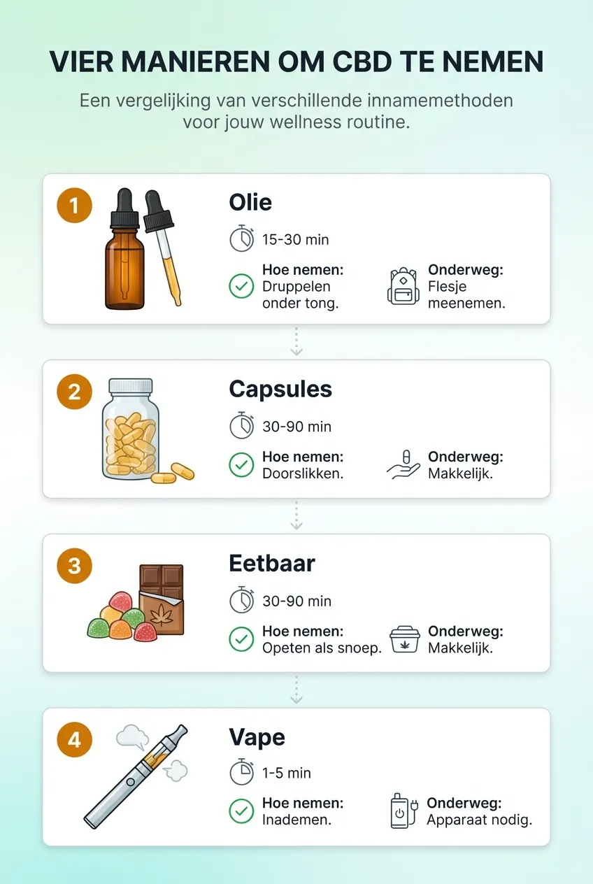 Infographic met vier manieren om CBD te nemen: olie, capsules, eetbaar en vape - met snelheid van werking en gebruiksgemak